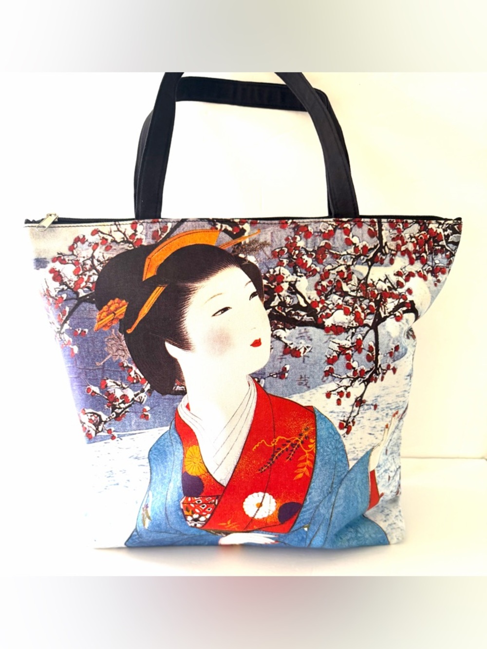 Traditional Geisha Print Canvas Tote in Red & Blue
